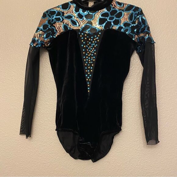 Glamour dance costume leotard black blue sequin stone mesh velvet LC large child - Picture 1 of 9